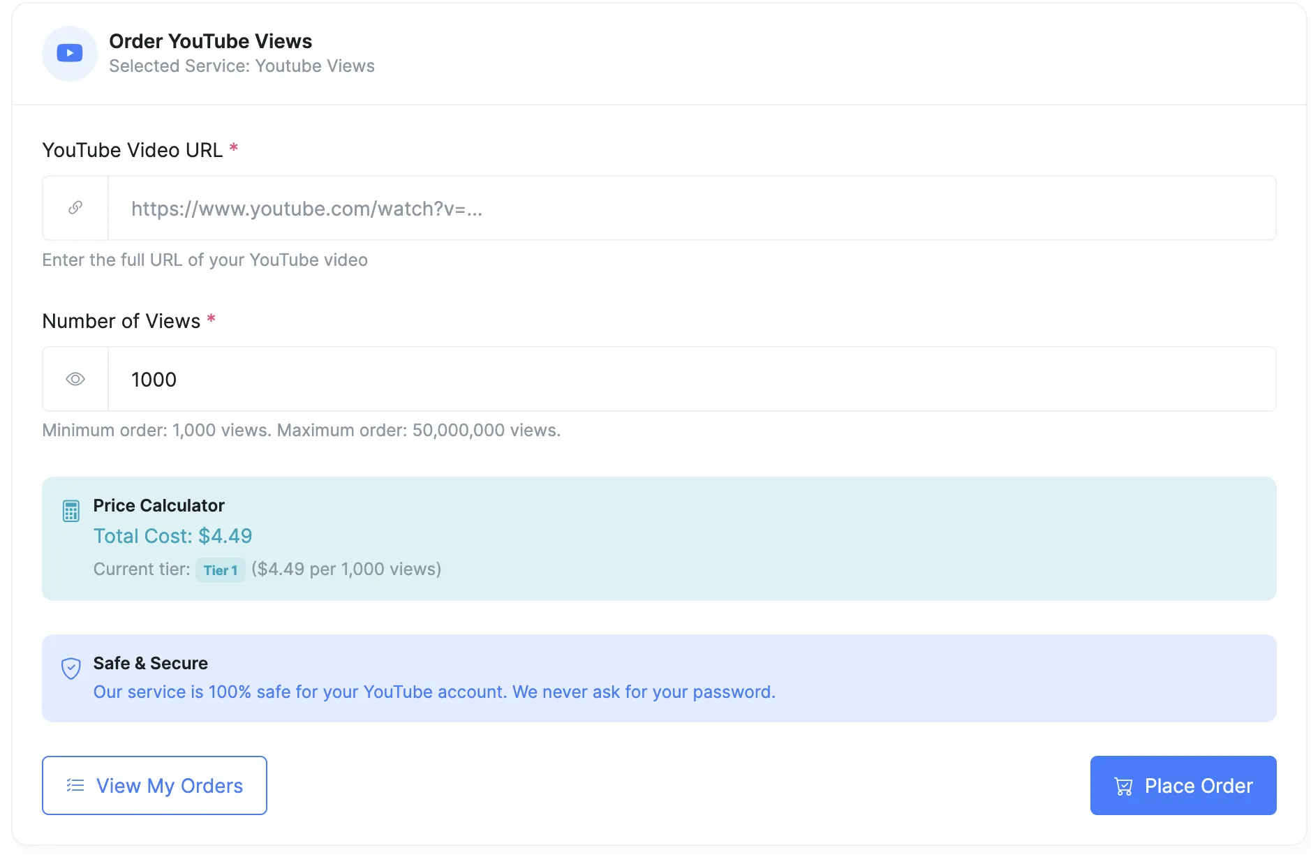 YouTube Views Order Settings
